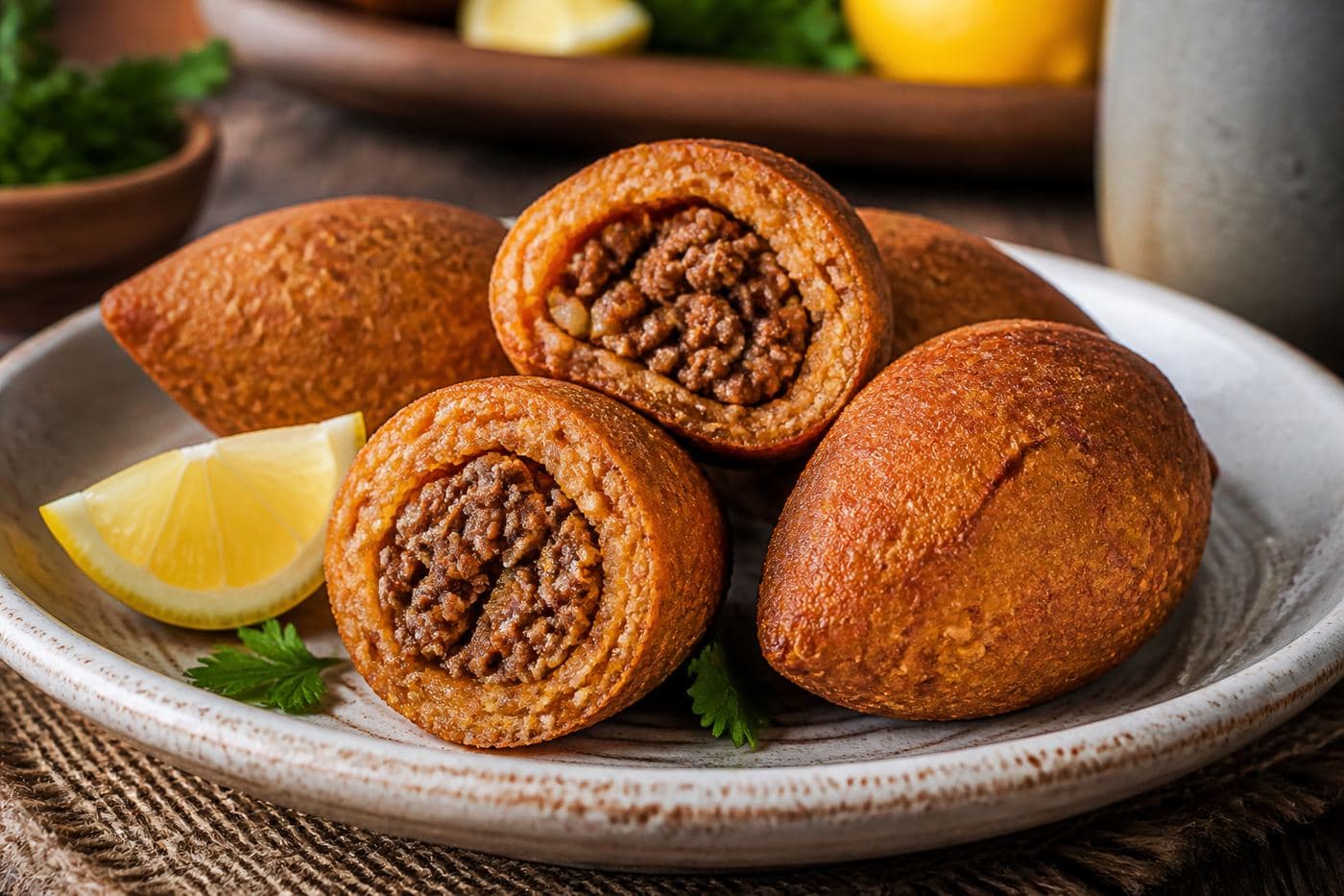 Kızarmış içli köfte, baharatlı kıyma dolgusu görünür