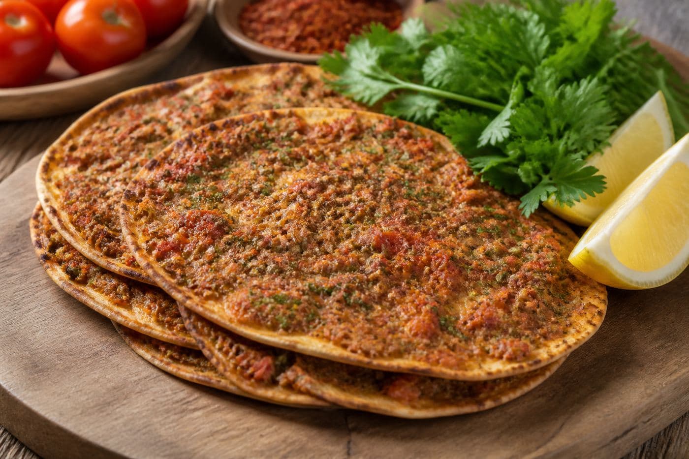 İnce hamurlu Şanlıurfa lahmacunu, maydanoz ve limon ile